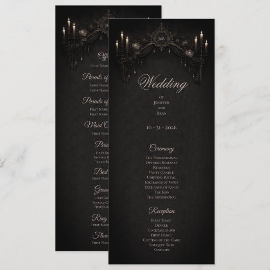 Elegant floral Gothic Halloween Wedding Program Menükarte (Vorne/Hinten)