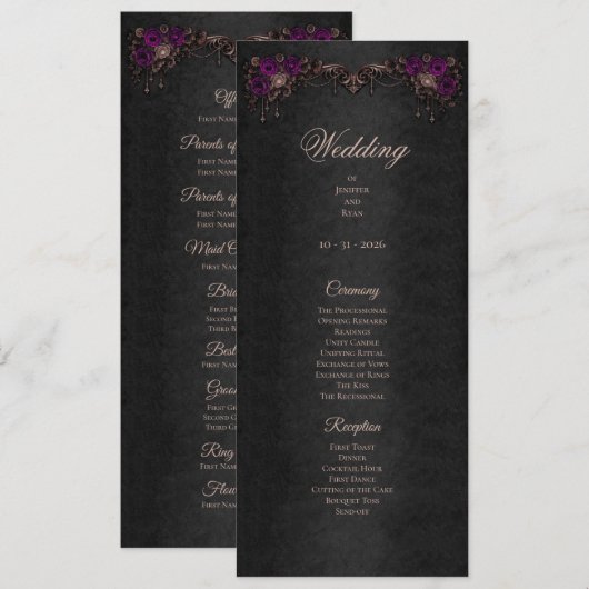 Elegant floral Gothic Halloween Wedding Program Menükarte (Vorne/Hinten)