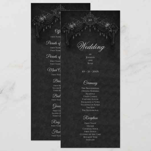 Elegant floral Gothic Halloween Wedding Program Menükarte (Vorne/Hinten)