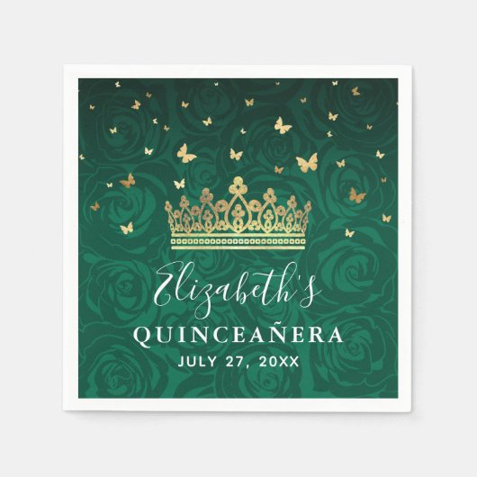 Elegant Floral Green Gold Crown Birthday Template Serviette (Vorderseite)