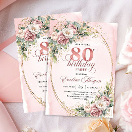 Elegant Floral Greenery Rose Gold 80th Invitation Einladung