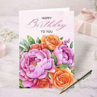 Elegant Floral Happy Birthday Card | Pink Peonies Karte