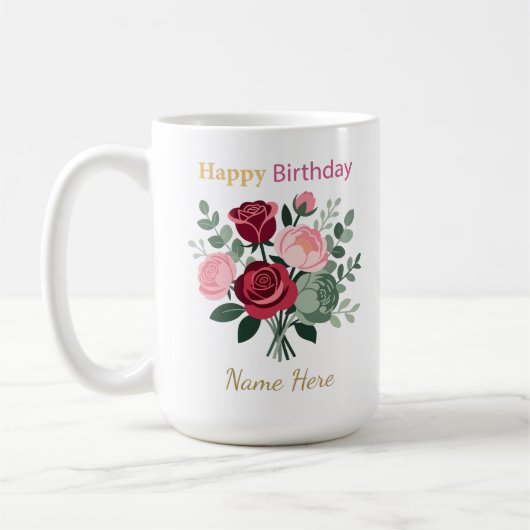 Elegant Floral Happy Birthday Personalized Name  Kaffeetasse (Links)