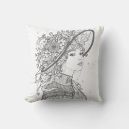 Elegant Floral Hat Lady Portrait Throw Pillow Kissen