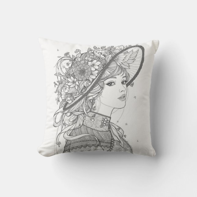 Elegant Floral Hat Lady Portrait Throw Pillow Kissen (Vorderseite)