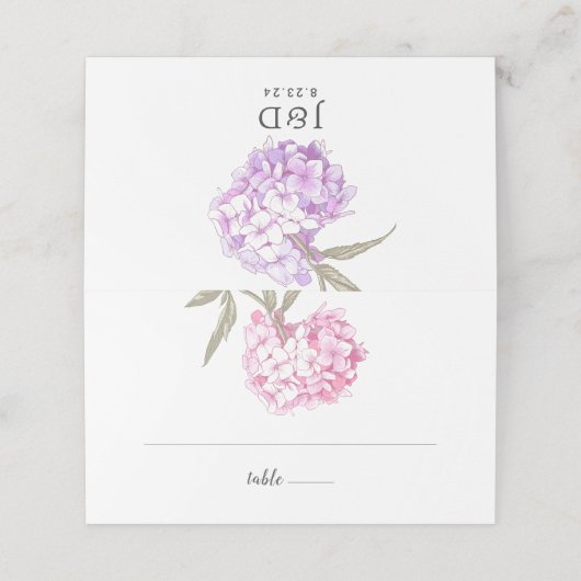 Elegant Floral Hydrangea Wedding Platzkarte (Außenseite Aufgefaltet)