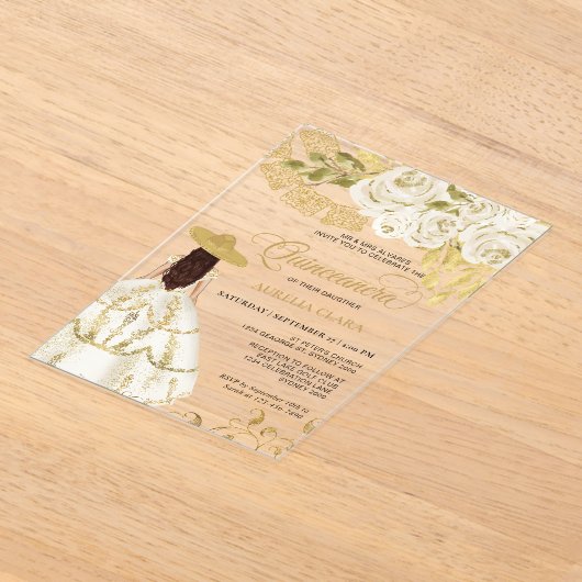 Elegant Floral Ivory Gold Charra Quinceañera Acryleinladungen (Ablage )