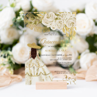 Elegant Floral Ivory Gold Charra Quinceañera Acryleinladungen