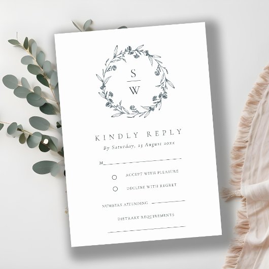 Elegant Floral Laurel Wreath Monogram Wedding RSVP Begleitkarte
