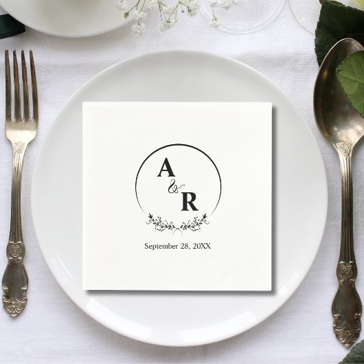 Elegant Floral Laurel Wreath Wedding Initials Serviette