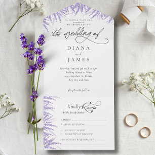 Elegant Floral Lavender Calligraphy Wedding All In One Einladung