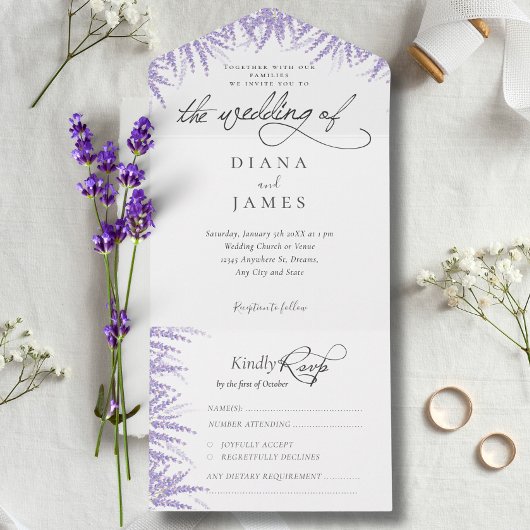 Elegant Floral Lavender Calligraphy Wedding All In One Einladung