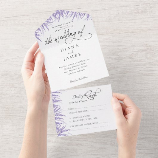Elegant Floral Lavender Calligraphy Wedding All In One Einladung (Abreißen)