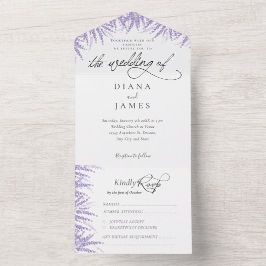 Elegant Floral Lavender Calligraphy Wedding All In One Einladung (Innen Boden)