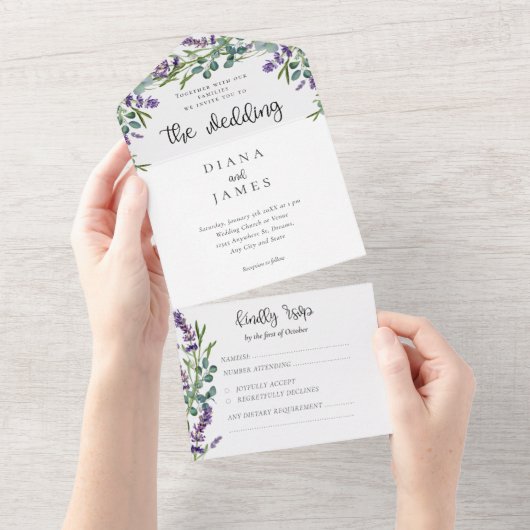 Elegant Floral Lavender Calligraphy Wedding All In One Einladung (Abreißen)