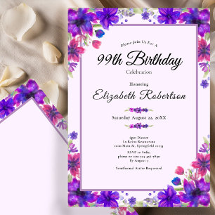 Elegant floral lila 99. Geburtstag Einladung