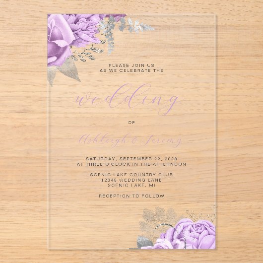 Elegant Floral Lilac Silver Script Wedding Acryleinladungen (Vorderseite)