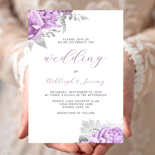 Elegant Floral Lilac Silver Script Wedding Einladung