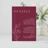 Elegant Floral Line Art Burgundy Wedding Details Begleitkarte (Stehend Vorderseite)