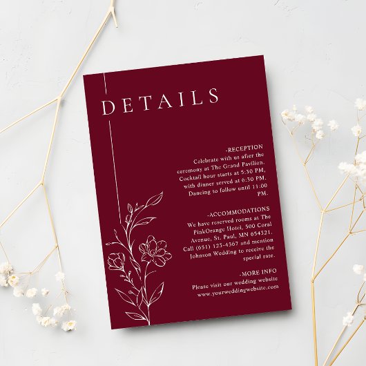 Elegant Floral Line Art Burgundy Wedding Details Begleitkarte