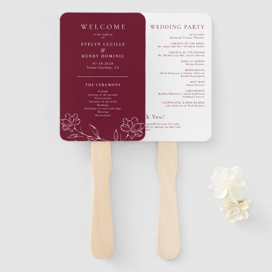 Elegant Floral Line Art Burgundy Wedding Program Fächer (Vorne und Hinten)