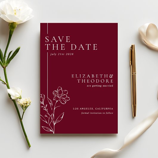 Elegant Floral Line Art Burgundy Wedding Save The Date