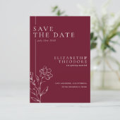 Elegant Floral Line Art Burgundy Wedding Save The Date (Stehend Vorderseite)