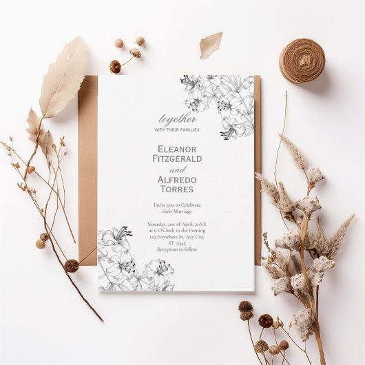 Elegant Floral Line Art Wedding Invitation Einladung