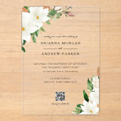 Elegant  Floral Magnolia QR Code Wedding Acryleinladungen (Vorderseite)