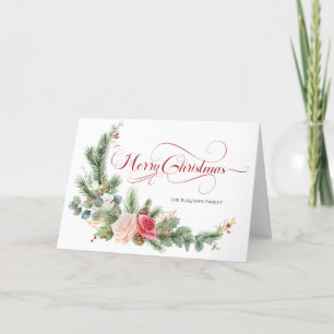 Elegant Floral Merry Christmas Calligraphy Feiertagskarte