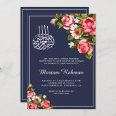 Elegant Floral Midnight Blue Baby Girl Aqiqah Einladung (Vorne/Hinten)
