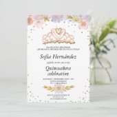Elegant Floral mit Tiara Quinceañera Einladung (Stehend Vorderseite)