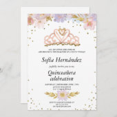 Elegant Floral mit Tiara Quinceañera Einladung (Vorne/Hinten)