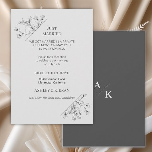 Elegant floral Modern Gray Just Married Einladung
