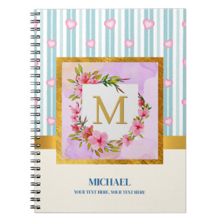 Elegant Floral Monogram and Blue Pastel Stripes Notizblock