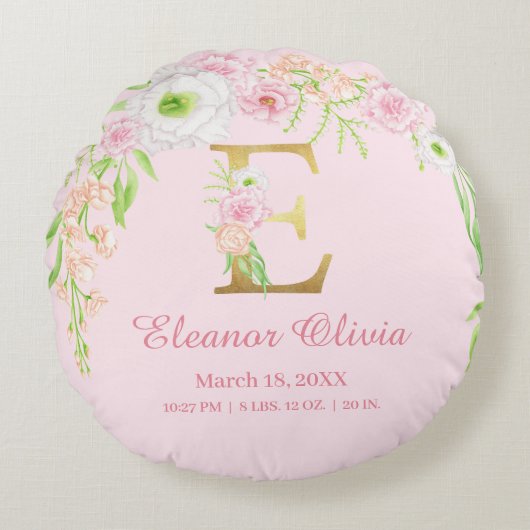 Elegant Floral Monogram Baby Stats Rundes Kissen (Vorderseite)