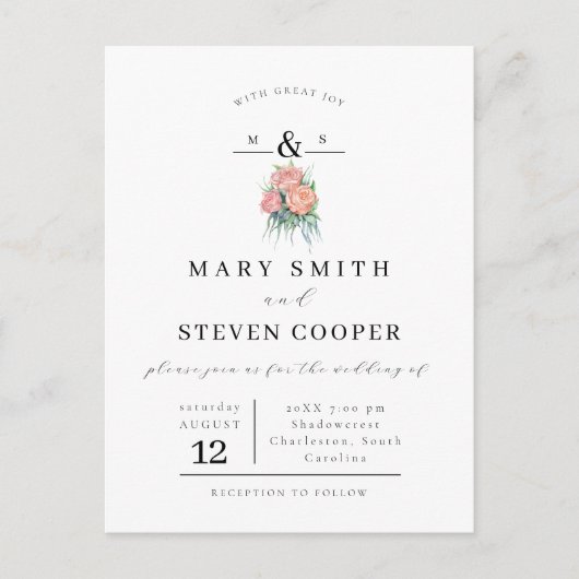 Elegant Floral Monogram Wedding Einladung Postkarte (Vorderseite)