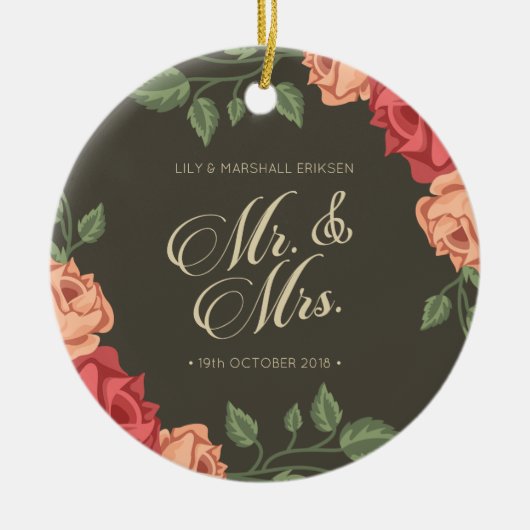 Elegant Floral Mr. & Mrs. Wedding | Keramik Ornament (Vorne)