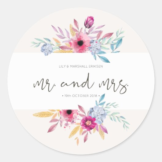 Elegant Floral Mr & Mrs Wedding | SIEGEL Runder Aufkleber (Vorderseite)