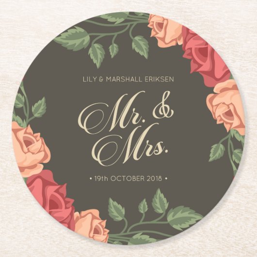 Elegant Floral Mr. & Mrs. Wedding | Untersetzer Pa (Vorderseite)