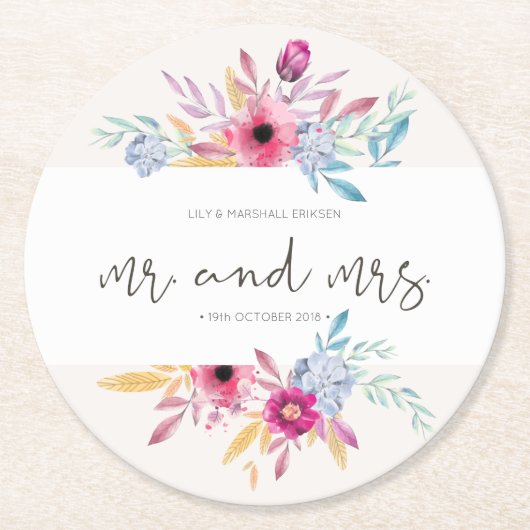 Elegant Floral Mr & Mrs Wedding| Untersetzer von P (Vorderseite)