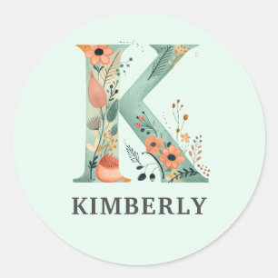 Elegant Floral Nature Letter K Personalisierter Na Runder Aufkleber