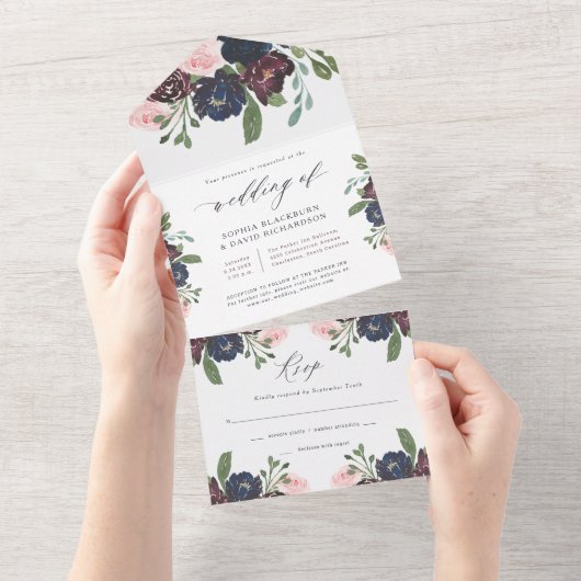 Elegant Floral Navy Blue and Plum | Hochzeit All In One Einladung (Abreißen)
