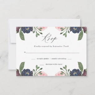 Elegant Floral Navy Blue and Plum Hochzeit RSVP Karte