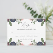 Elegant Floral Navy Blue and Plum | Hochzeit RSVP Karte (Stehend Vorderseite)