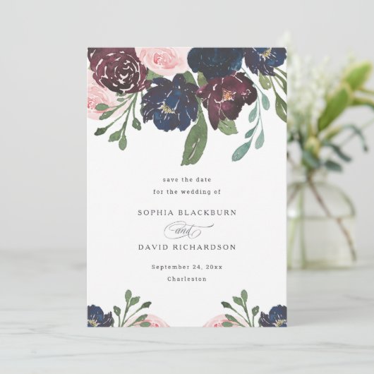 Elegant Floral Navy Blue and Plum | Hochzeit Save The Date (Stehend Vorderseite)