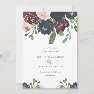 Elegant Floral Navy Blue and Plum Hochzeit Save The Date