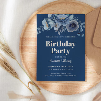 Elegant Floral Navy Blue Geburtstagsparty Einladun Einladung