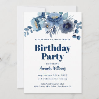 Elegant Floral Navy Blue Geburtstagsparty Einladun Einladung