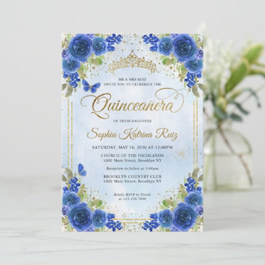 Elegant Floral Navy Blue Gold Tiara Quinceañera Einladung (Stehend Vorderseite)